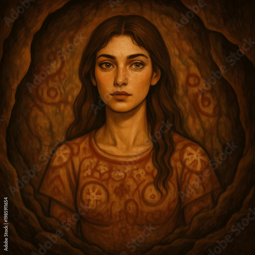 Young woman with long hair wearing decorative clothing in cave  