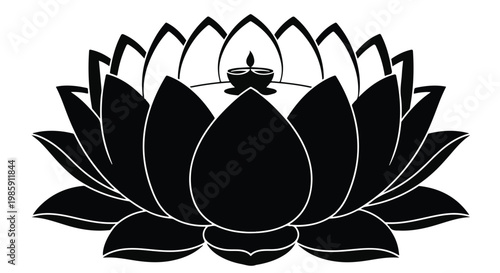 Black lotus flower illustration, minimalist sacred symbol, spiritual and meditative design element, yoga and wellness concept, simple elegant art