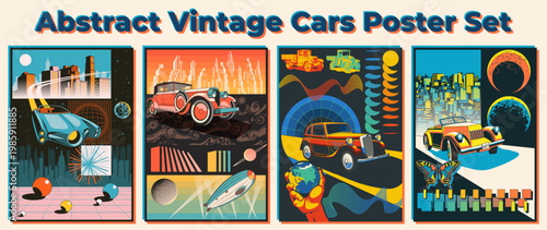 Retro Cars, Zeppelin, Cities Abstract Retro Future Style Posters. 1980s Color Combinations, 3D Effect Shapes, Perspective Grids