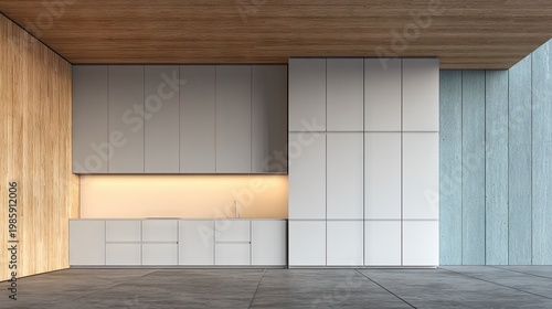 Modern kitchen interior design with wood and neutral color scheme