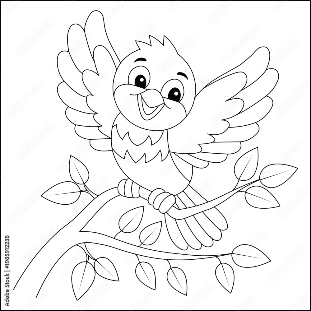 Fototapeta premium Cute Bird on Branch Line Art Coloring Page, Kawaii Nature Outline Illustration