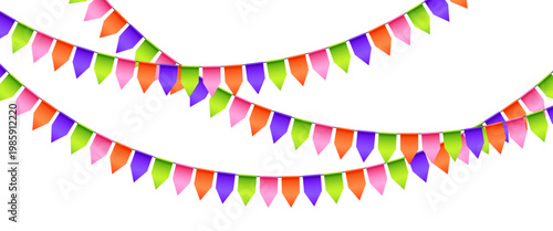 Vector colorful bunting isolated on a transparent background. Bright festive garland with confetti. Element of holiday decor for card, invitation, banner or background.