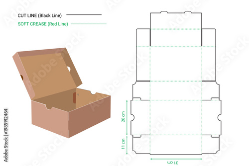 one piece shoe box dieline template. show box dieline cut vector illustration and 3D mockup.