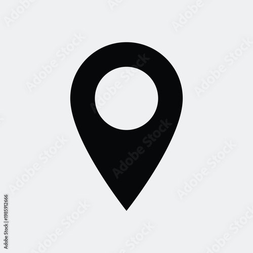 A black map pin icon on a white background for navigation and location purposes