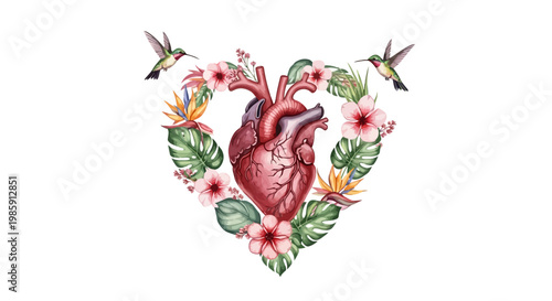 Anatomical heart illustration with floral elements and hummingbirds on white background