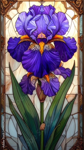 Purple Iris Flower Stained Glass Art With Green Leaves and Textured Background