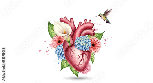 Anatomical heart adorned with flowers and a hummingbird isolated on white