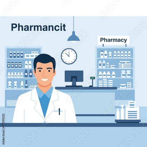 Friendly male pharmacist in white coat smiling in modern pharmacy interior with shelves of medicines