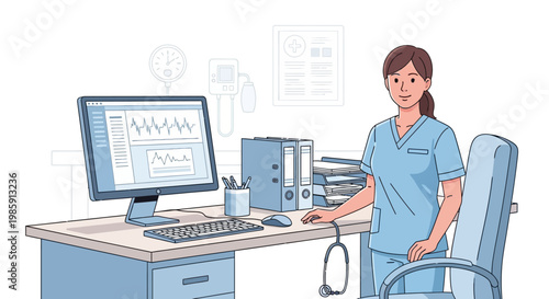 Nurse In Clinic Office With Computer And Medical Equipment