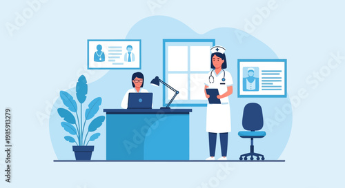 Nurse and receptionist in medical office, healthcare reception desk and patient information