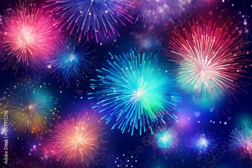 Bright colorful fireworks bursting against a dark blue sky, creating a festive background