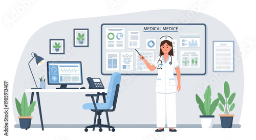 Nurse Presenting Medical Information on Board in Office
