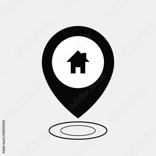 A simple black and white icon of a house location pin on a map