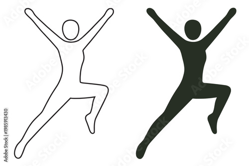 jumping female silhouette, raised arms woman outline and solid figure, minimalist vector icon set on transparent background