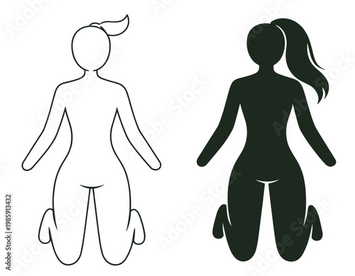 kneeling female silhouette, front view woman outline and solid figure, minimalist vector icon set on transparent background