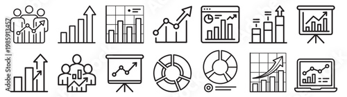business analytics icon set, charts graphs data growth reports and dashboard elements, minimalist outline vector collection on transparent background