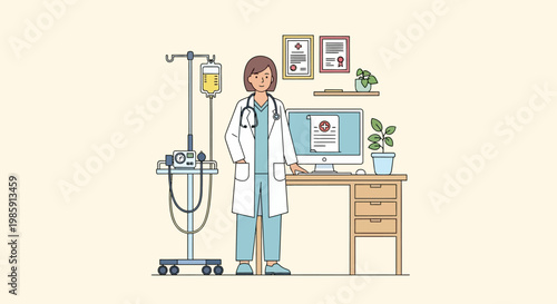 Doctor standing in clinic office with IV drip and computer, medical staff illustration