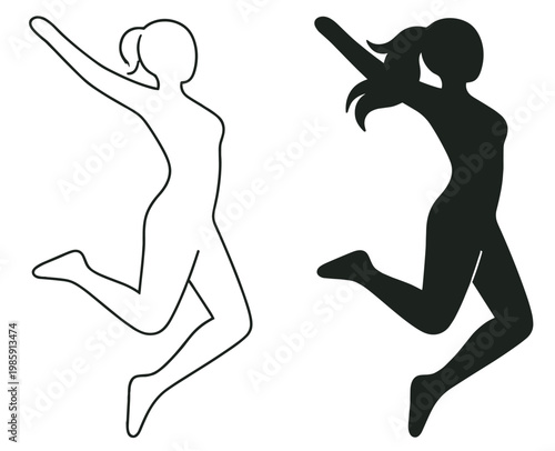 jumping female silhouette, dynamic woman with raised arm outline and solid figure, minimalist vector icon set on transparent background