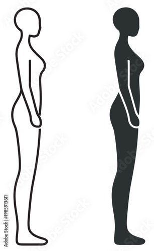 female body silhouette, standing woman profile outline and solid figure, minimalist vector icon set on transparent background