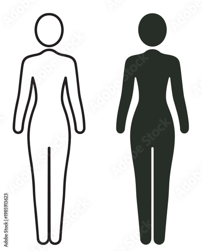 female body silhouette, front view standing woman outline and solid figure, minimalist vector icon set on transparent background