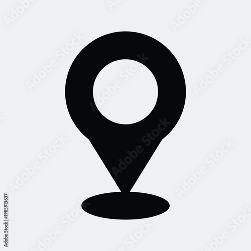A black map pin icon on a white background for navigation and location purposes