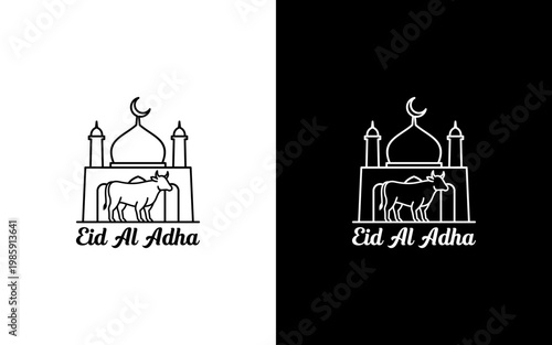Eid Al Adha Mubarak Greeting with Cow and Mosque Illustration, Minimalist Monoline Islamic Sacrifice Festival Vector