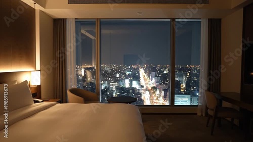 Night view from a hotel room showing city lights and skyline