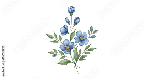 Watercolor floral arrangement of blue flowers and green leaves on white background