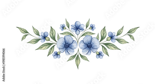 Watercolor floral arrangement with blue flowers and green leaves on a white background
