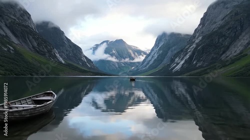 Morning boat ride on a lake surrounded by mountains in Norway