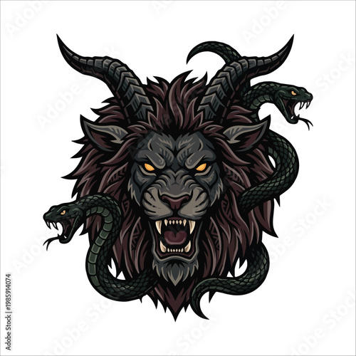 Mythical Beast Lion Head with Serpentine Neck Coiled Around a Fierce Face, Dark Fantasy Art Illustration