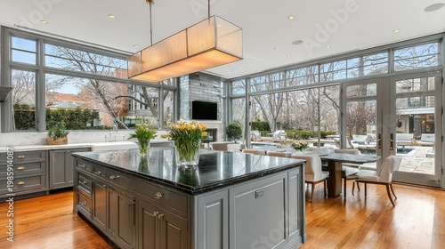 Modern kitchen interior design with island and large windows overlooking the outdoors