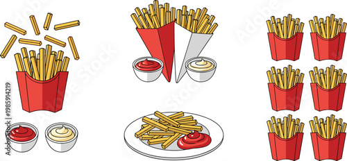 Vector Set of French Fries in Red Paper Cups with Ketchup and Mayonnaise, Isolated on White Background for Fast Food and Snack Design