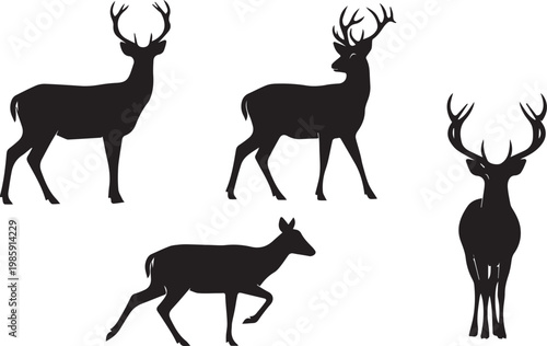 A set of deer silhouettes in various poses on a white background