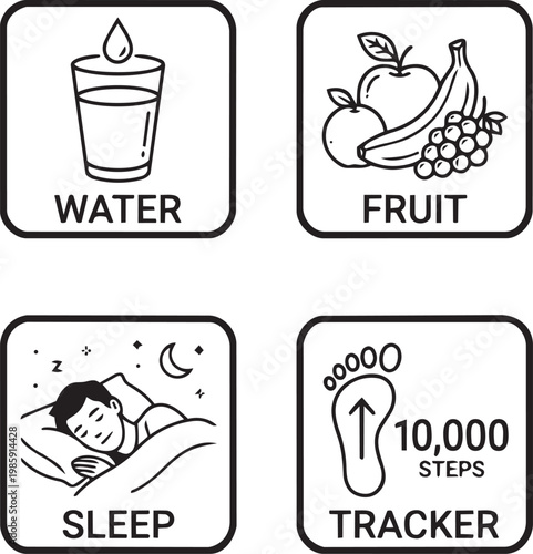 Healthy lifestyle habit icons showing water hydration fruit nutrition sleep cycle and daily steps tracker