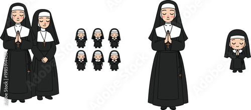Vector Set of Nuns in Traditional Religious Habits, Including Adult and Child Nuns Praying, Isolated on White Background for Religious and Educational Design