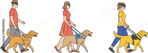 Vector Set of People with Guide Dogs, Including Blind Man and Woman Walking with Golden Retrievers, Isolated on White Background for Accessibility and Supportive Design