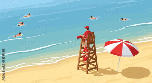 Beach scene, summer vacation, lifeguard tower, people swimming, beach umbrella, sunny coastal landscape