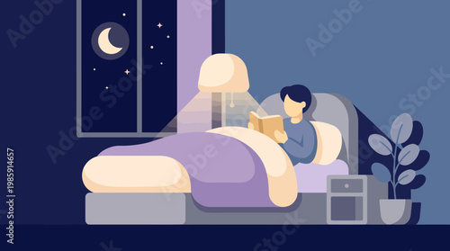 Cozy Bedroom Night Scene Relaxing Indoor Activity Flat Illustration
