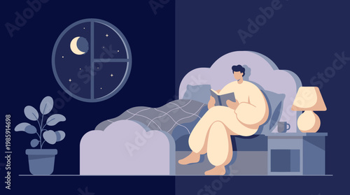 Night Routine at Home Person Reading Book in Bed Calm Lifestyle Vector