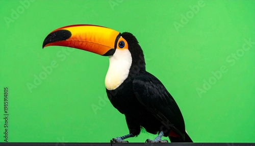 Toucan perched on dark surface against bright green background, vivid orange beak with black tip, white chest, black feathers, tropical bird highlighted by bold contrast.