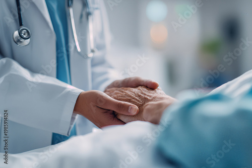 Hospital Visit Doctor Comforting Elderly Patient with Compassionate Care in Medical