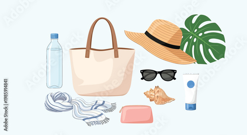 Beach vacation accessories, summer essentials, travel items, beachwear