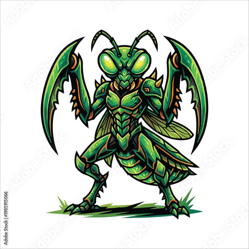 Electrifying Green Praying Mantis Warrior Illustration, a Striking Vector Mascot Embodying Strength and Precision for Modern Graphic Design Projects