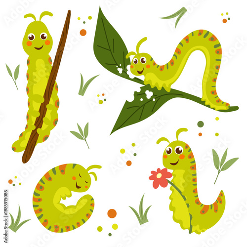 Cute cartoon caterpillar character set. Happy green caterpillars climbing a branch, eating a leaf, sleeping, and holding a flower. Friendly insect vector illustration for kids' books, stickers, and ed