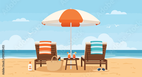 Beach vacation, summer relaxation, beach chairs, umbrella, coastal getaway