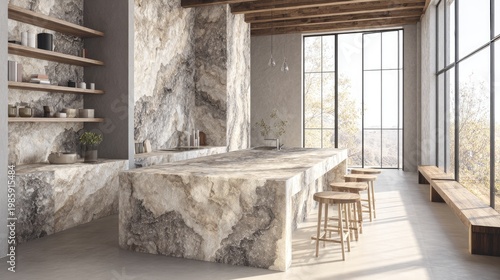 Modern kitchen interior with marble design and wooden accents natural light