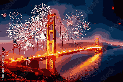 Pixelated depiction of the Golden Gate Bridge during a fireworks display at night.