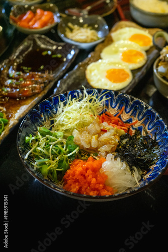 Close-up of a Colorful Asian Salad in a Blue Bowl