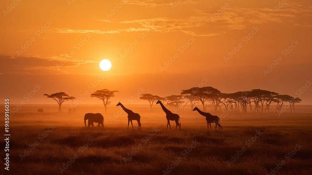 Obraz premium Silhouettes of African wildlife at sunset across the savanna
